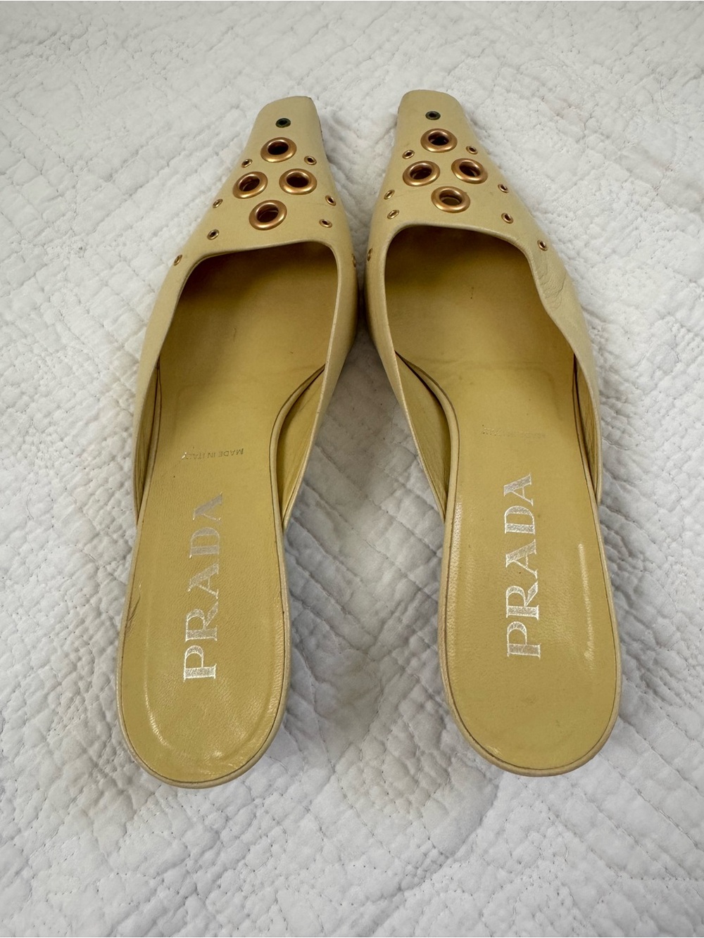 Prada Leather Yellow Low-Heel Mules with Gold Eyelet Accents, Size 37.5/US 7.5 - Picture 2 of 12